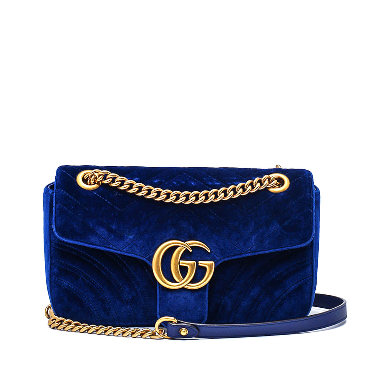 Gucci - Navy Blue Velvet Marmont Matelasse Medium Flap Bag